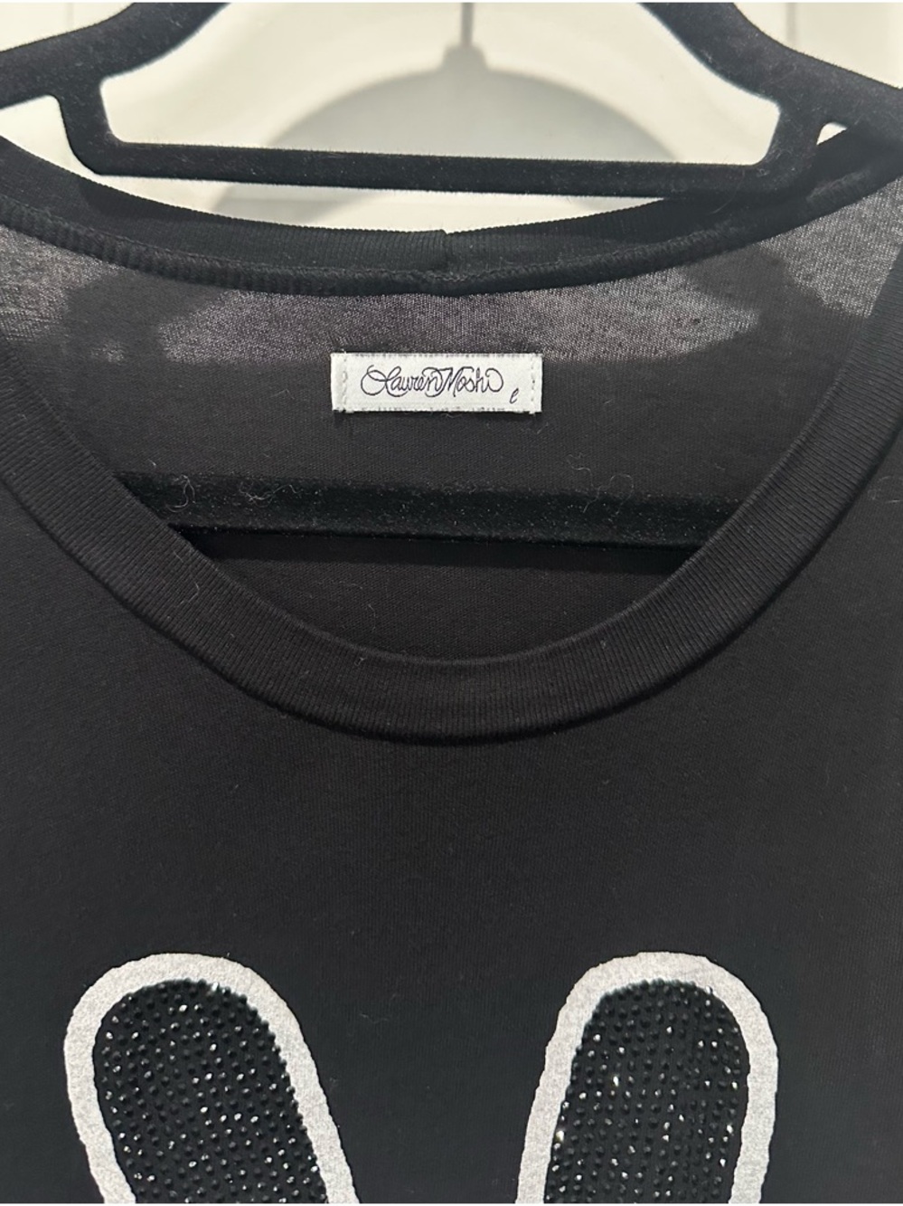 Lauren Moshi Black Tee with White Beaded Peace Skull Graphic - Picture 3 of 3